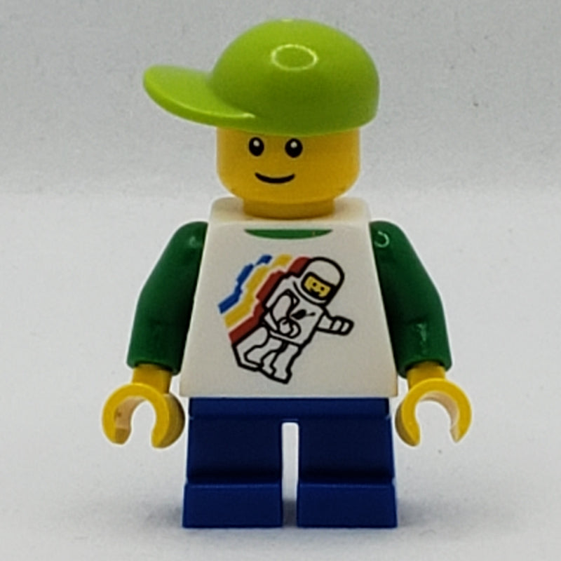 fig-007714 – Boy, Floating Classic Spaceman on Shirt, Short Blue Legs, Lime Cap, Reddish Brown Eyebrows