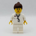 fig-007716 – Doctor, Woman, White Torso with Stethoscope and Pocket, White Legs, Dark Brown Ponytail