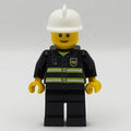 fig-007717 – Fireman, Black Fire Jacket with Radio and Badge, White Helmet, Reddish Brown Eyebrows (3626b Head)