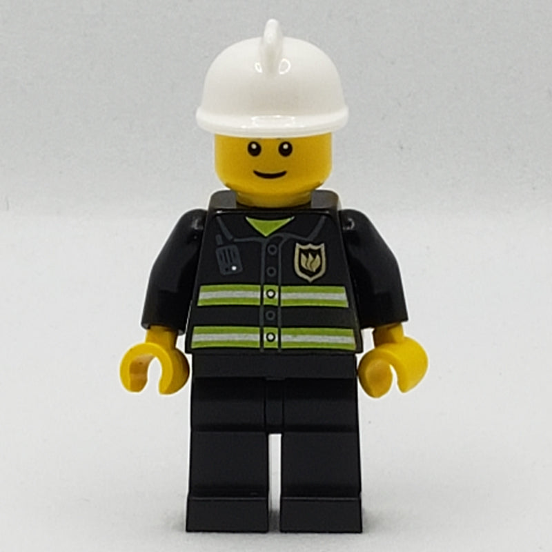 fig-007717 – Fireman, Black Fire Jacket with Radio and Badge, White Helmet, Reddish Brown Eyebrows (3626b Head)