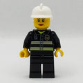 fig-007718 – Firewoman, Black Fire Jacket with Radio and Badge, White Helmet