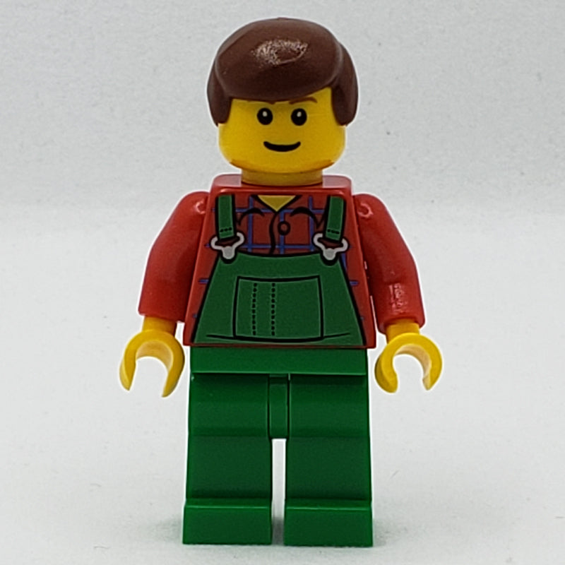 fig-007720 – Man, Green Overalls over Red Shirt, Reddish Brown Hair, Reddish Brown Eyebrows