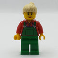 fig-007721 – Woman, Green Overalls over Red Plaid Shirt, Tan Ponytail