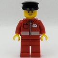 fig-007725 – Postal Worker, Red Jacket with Zipper and Letter Logo, Red Legs, Black Cap, Reddish Brown Eyebrows