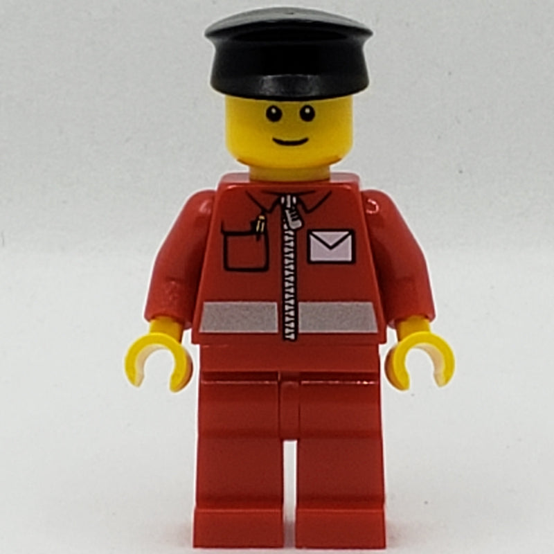 fig-007725 – Postal Worker, Red Jacket with Zipper and Letter Logo, Red Legs, Black Cap, Reddish Brown Eyebrows
