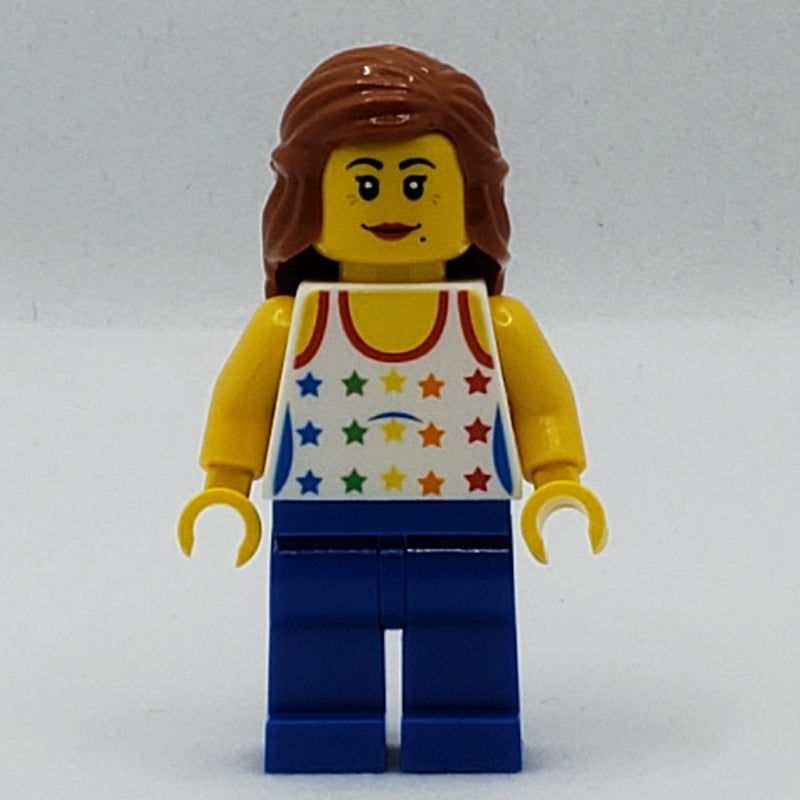 fig-007727 – Woman, Tank Top with Rainbow Colored Stars, Blue Legs, Dark Orange Hair