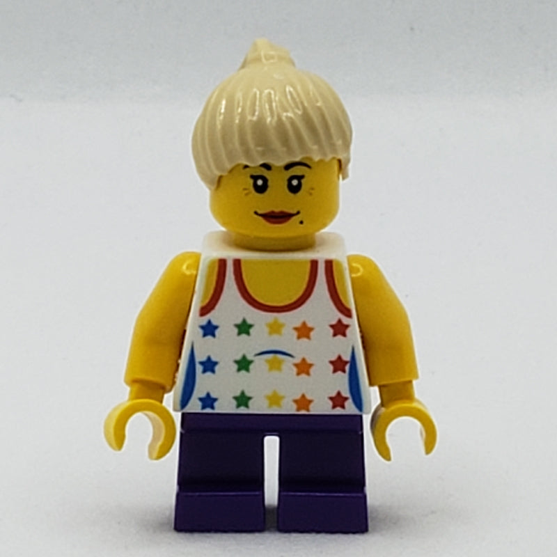 fig-007728 – Girl, Tank Top with Rainbow Colored Stars, Short Dark Purple Legs, Tan Hair
