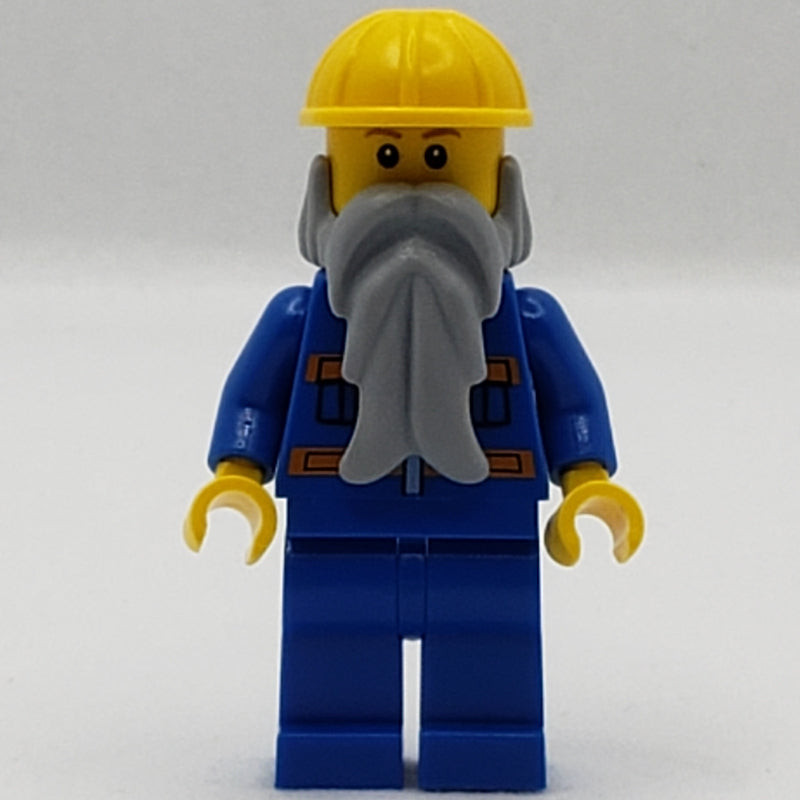 fig-007730 – Man, Blue Jacket with Orange Stripes, Blue Legs, Yellow Hard Hat, Light Bluish Gray Beard, Reddish Brown Eyebrows