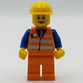 fig-007731 – Train Worker, Woman, Orange Safety Vest with Train Logo, Orange Legs, Yellow Hard Hat