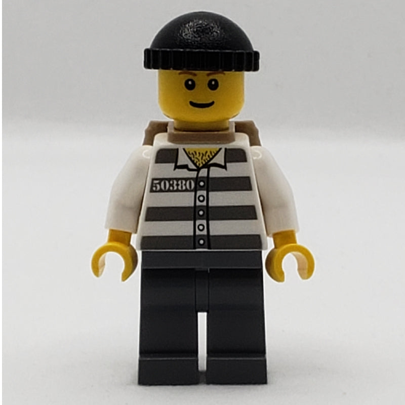 fig-007732 – Criminal, Prison Shirt with #50380, Dark Bluish Gray Legs, Black Hat and Dark Tan Back Pack (3626bpr0387 Head)