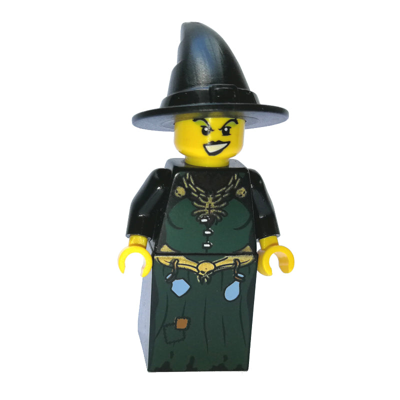 fig-007734 – Witch, Dark Green Dress with Spider Necklace and Bottles, Black Hat