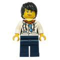 fig-007740 – Scientist, Woman, White Jacket over Hoodie with Sunglasses, Dark Blue Legs, Black Hair