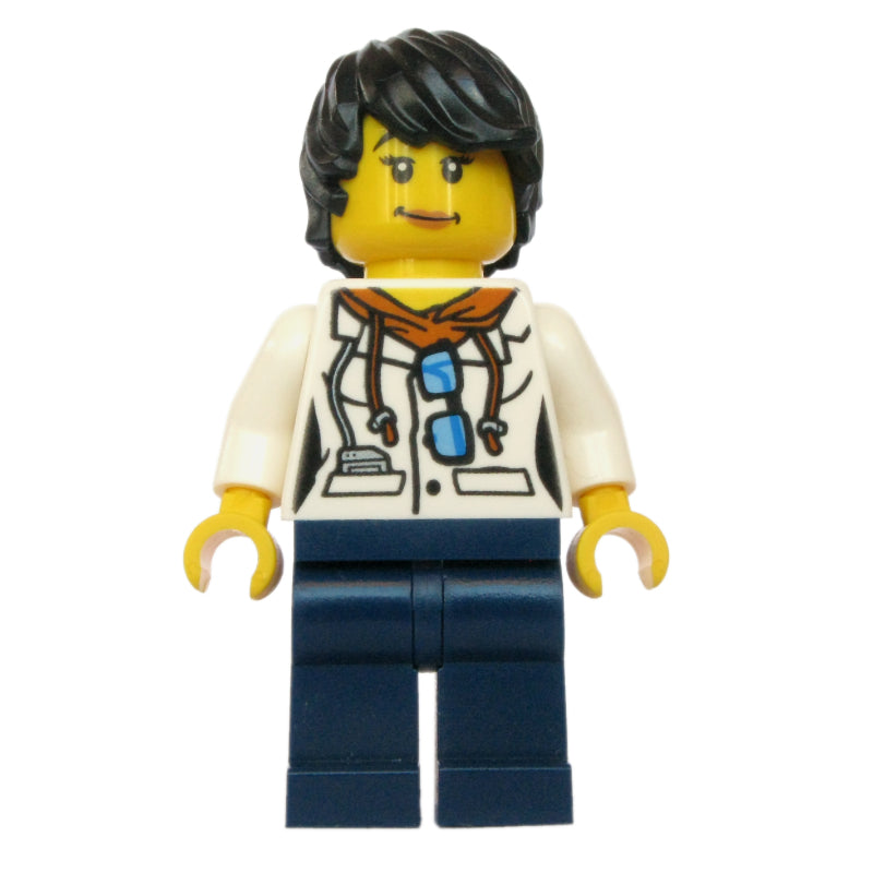 fig-007740 – Scientist, Woman, White Jacket over Hoodie with Sunglasses, Dark Blue Legs, Black Hair