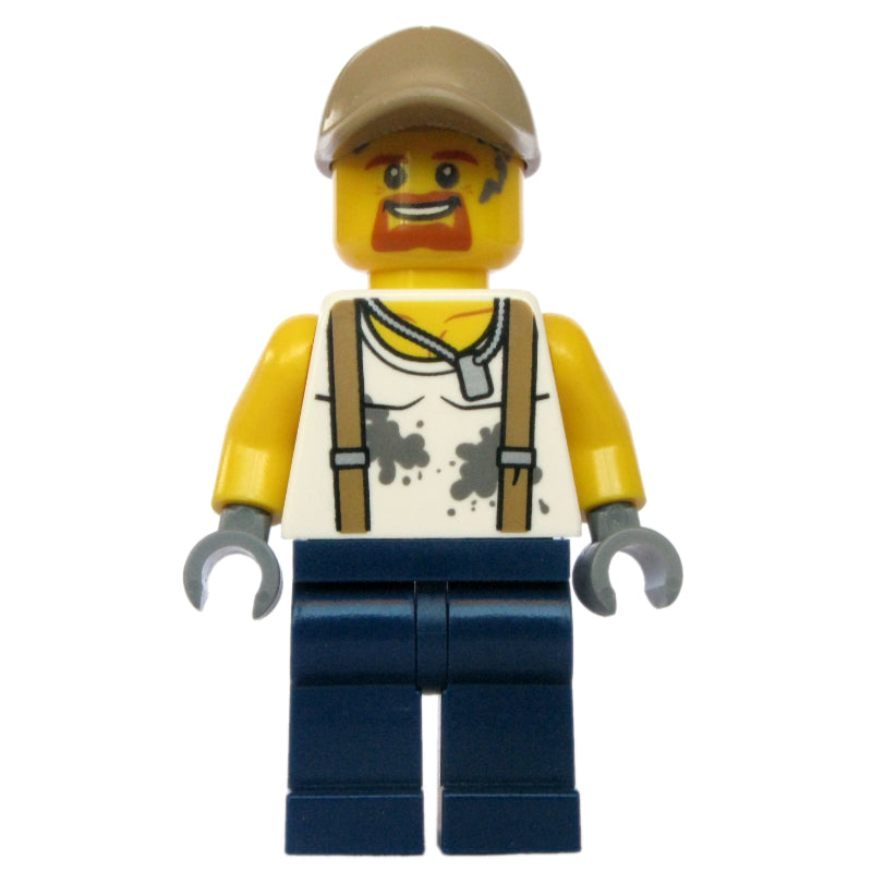 fig-007741 – Mechanic, Dirty White Shirt with Suspenders, Dark Blue Legs, Dark Tan Cap, Goatee Beard