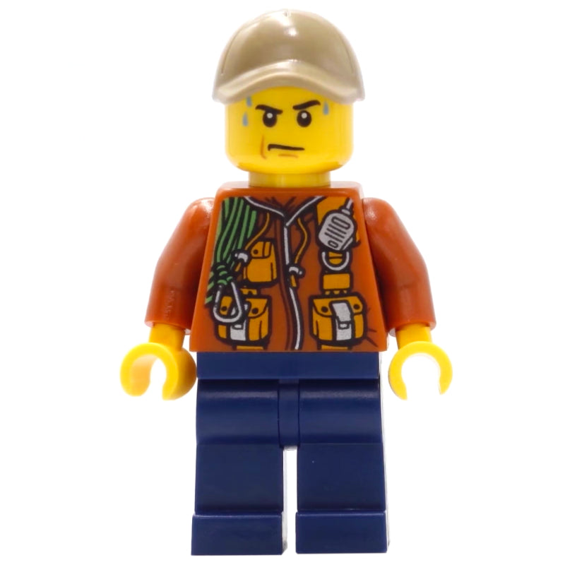 fig-007746 – Explorer, Jacket with Pouches, Radio, and Rope, Dark Tan Cap, Sweat Drops