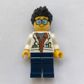 fig-007747 – Scientist, Open White Jacket over Dark Orange Shirt, Dark Blue Legs, Glasses