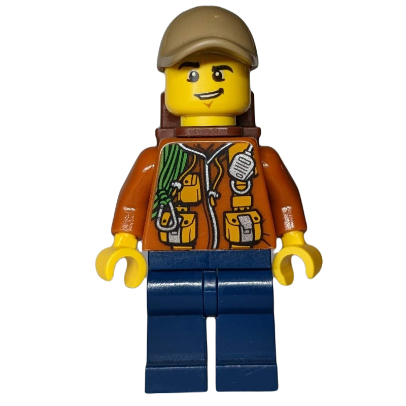 fig-007748 – Explorer, Jacket with Pouches, Radio, and Rope, Dark Tan Cap, Backpack