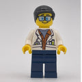 fig-007758 – Scientist, Open White Jacket over Dark Orange Shirt, Dark Blue Legs, Neat Black Hair, Glasses