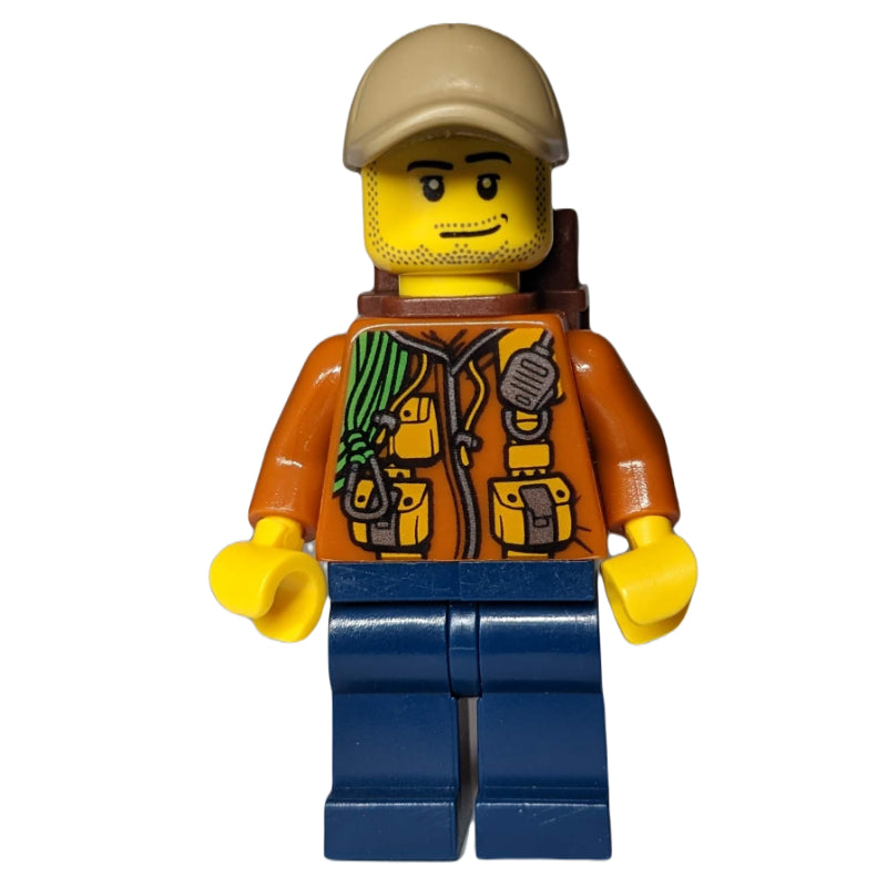 fig-007760 – Explorer, Jacket with Pouches, Radio, and Rope, Dark Tan Cap, Backpack, Stubble