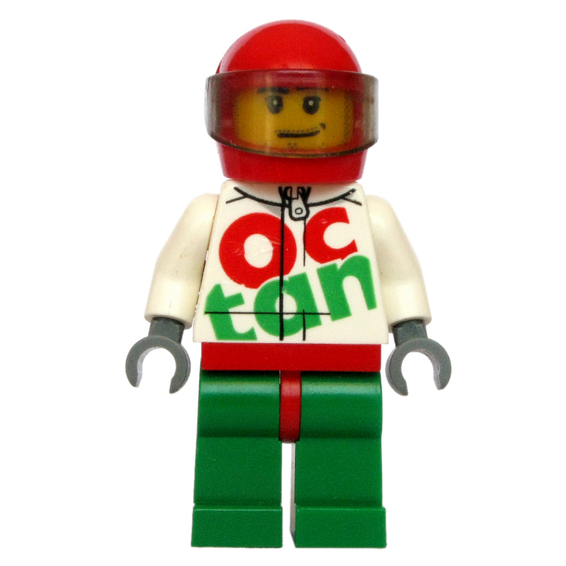 fig-007764 – Racer, White and Green Jumpsuit with Large 'Octan', Red Helmet with Visor, Stubble