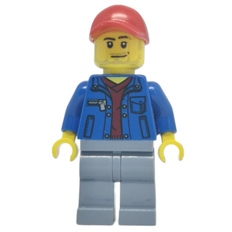 fig-007767 – Man, Open Blue Jacket over Dark Red Shirt, Sand Blue Legs, Red Cap, Stubble