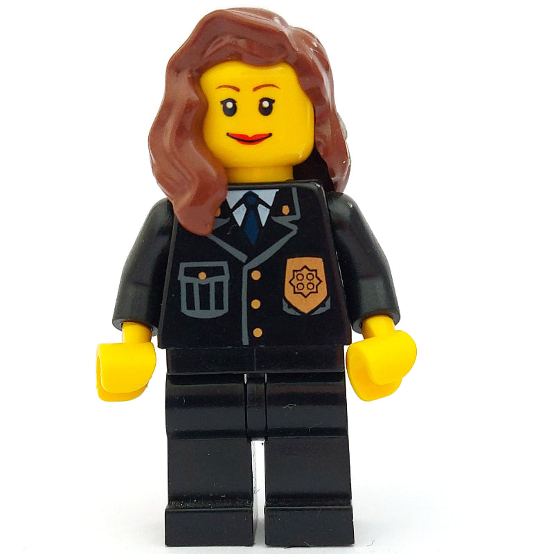 fig-007768 – Policewoman, Black Jacket with Badge, Pocket, and Blue Tie, Reddish Brown Hair