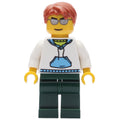 fig-007769 – Man, White and Blue Hoodie, Dark Green Legs, Dark Orange Hair, Sunglasses