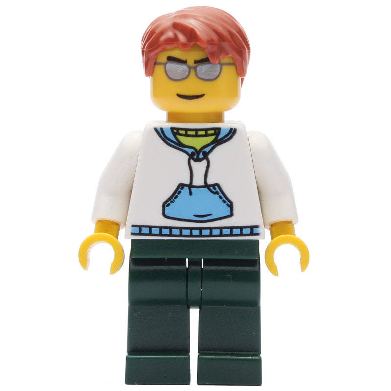 fig-007769 – Man, White and Blue Hoodie, Dark Green Legs, Dark Orange Hair, Sunglasses
