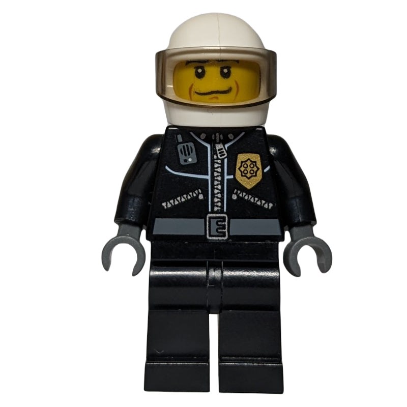 fig-007770 – Policeman, Black Jacket with Zipper, Radio, and Badge, White Helmet and Visor