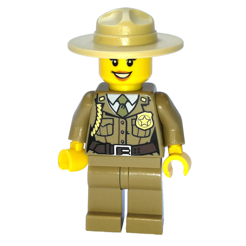fig-007773 – Forest Police / Ranger, Woman, Dark Tan Shirt with Olive Green Tie and Badge, Dark Tan Legs, Tan Campaign Hat
