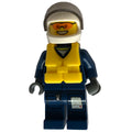 fig-007774 – Policeman, Dark Blue Jacket with Pockets and Badge, White Helmet with Visor, Yellow Life Vest, Orange Sunglasses