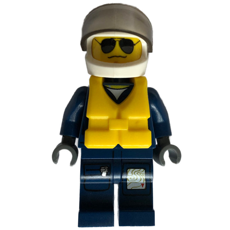fig-007775 – Policeman, Dark Blue Jacket with Pockets and Badge, White Helmet with Visor, Yellow Life Vest, Sunglasses and Wavy Mouth