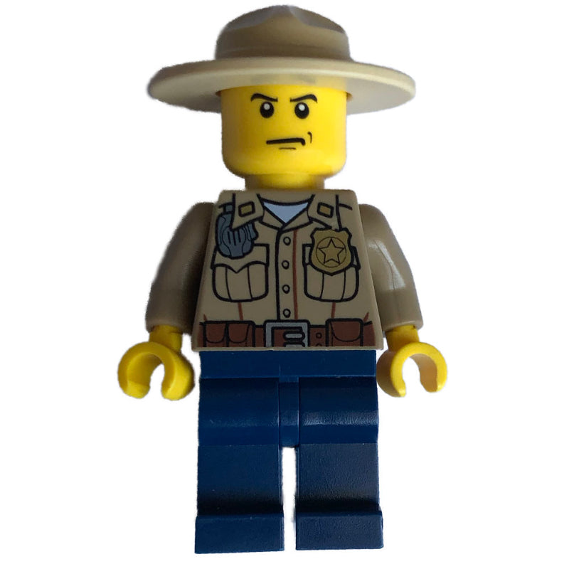 fig-007776 – Forest Police / Ranger, Dark Tan Shirt with Radio and Badge, Dark Blue Legs, Tan Campaign Hat, Stern