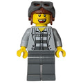 fig-007777 – Criminal, Open Light Bluish Gray Jacket over Prison Shirt, Reddish Brown Hat with Goggles