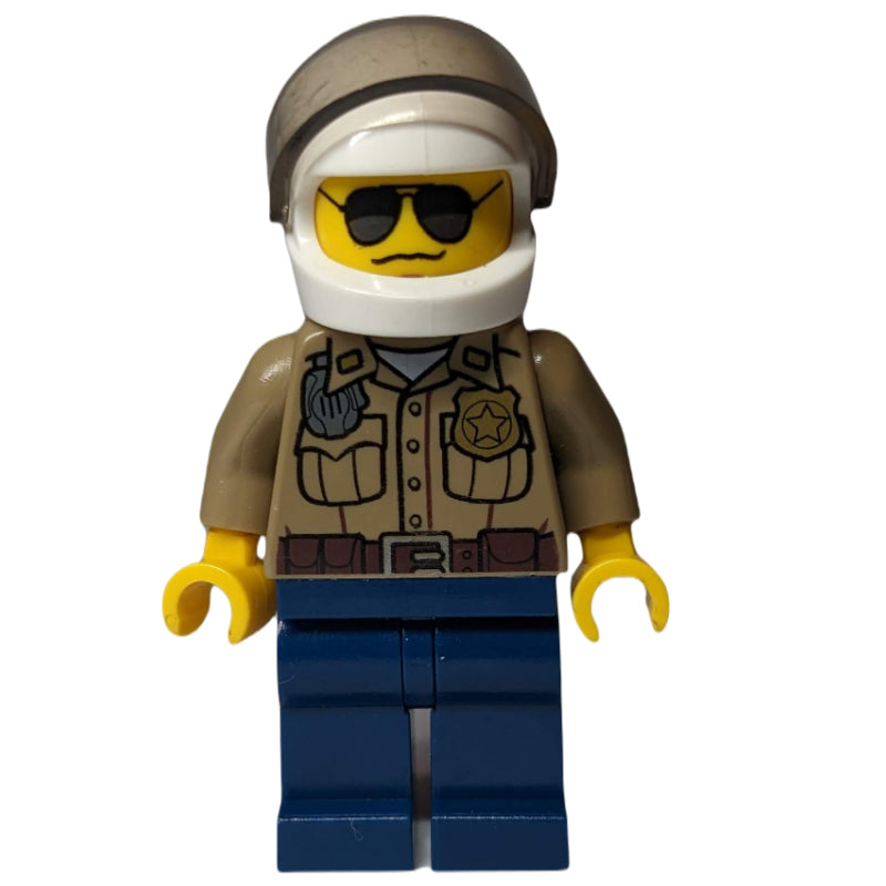 fig-007778 – Forest Police / Ranger, Dark Tan Shirt with Radio and Badge, Dark Blue Legs, White Helmet with Visor, Sunglasses
