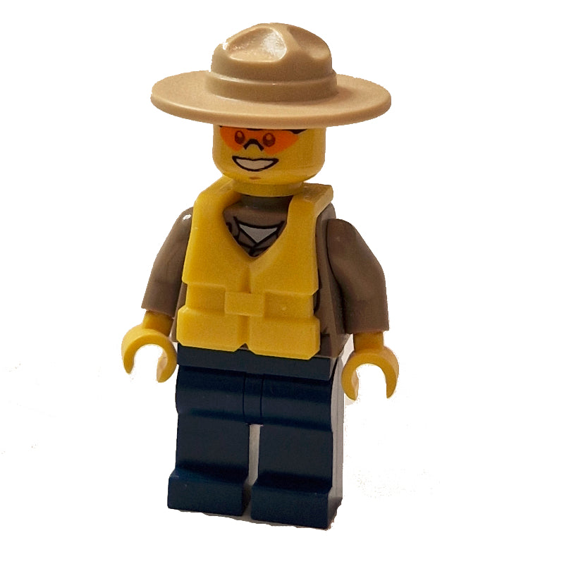 fig-007780 – Forest Police / Ranger, Dark Tan Shirt with Radio and Badge, Dark Blue Legs, Tan Campaign Hat, Yellow Life Vest, Orange Sunglasses