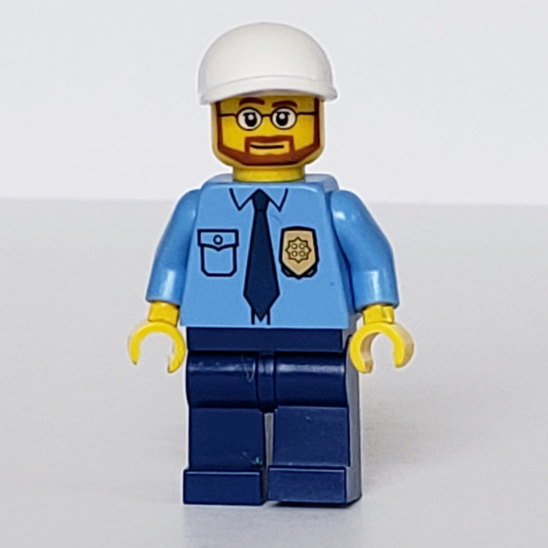 fig-007782 – Policeman, Medium Blue Shirt with Badge and Tie, White Cap, Beard and Glasses