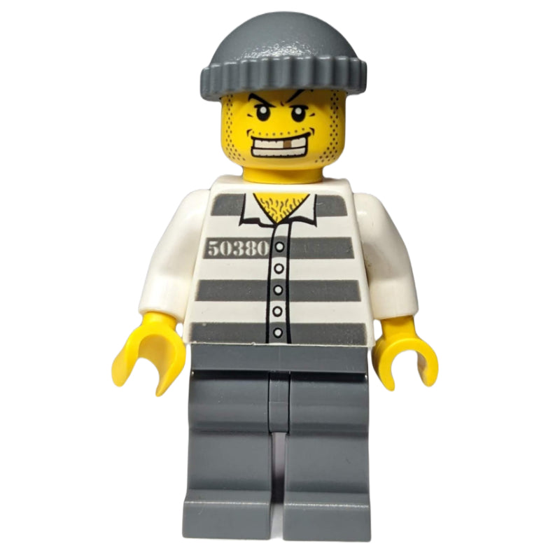 fig-007785 – Criminal, Prison Shirt with #50380, Dark Bluish Gray Legs, Dark Bluish Gray Hat, Gold Tooth