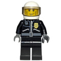 fig-007786 – Policeman, Black Jacket with Zipper, Radio, Badge, and 'POLICE' on Back, White Helmet with Visor
