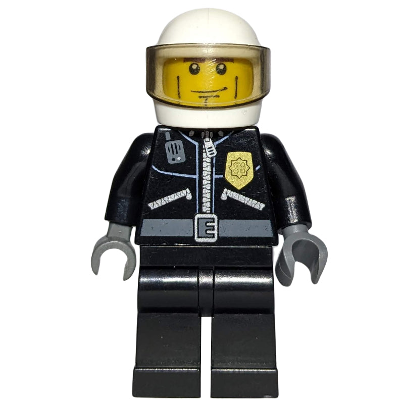 fig-007786 – Policeman, Black Jacket with Zipper, Radio, Badge, and 'POLICE' on Back, White Helmet with Visor