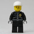 fig-007787 – Policeman, Black Jacket with Zipper, Radio, Badge, and 'POLICE' on Back, White Cap (3626b Head)