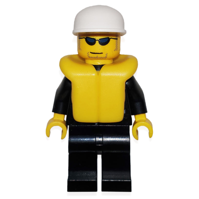 fig-007789 – Policeman, Black Jacket with Pocket and Badge, White Cap, Yellow Life Vest, Sunglasses