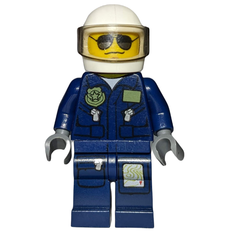 fig-007790 – Policeman, Dark Blue Jacket with Pockets and Badge, White Helmet with Visor, Sunglasses and Wavy Mouth