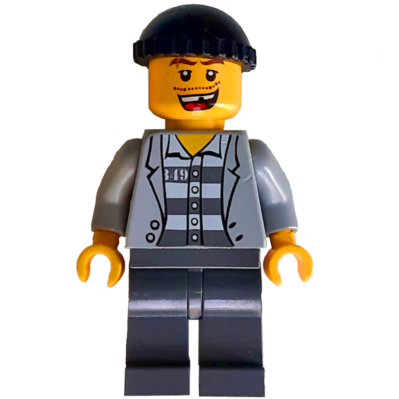 fig-007791 – Criminal, Open Light Bluish Gray Jacket over Prison Shirt, Dark Bluish Gray Legs, Black Hat, Missing Tooth (3626c Head)