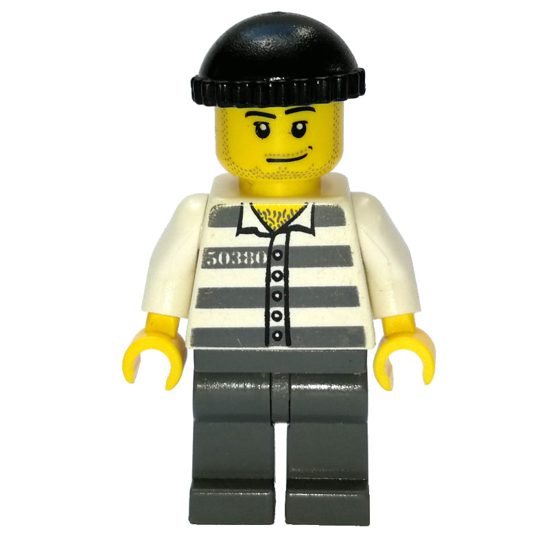 fig-007792 – Criminal, Prison Shirt with #50380, Dark Bluish Gray Legs, Black Hat, Stubble