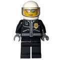 fig-007794 – Policeman, Black Jacket with Zipper, Radio, Badge, and 'POLICE' on Back, White Helmet with Visor, Silver Sunglasses