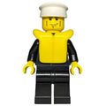 fig-007795 – Policeman, Black Suit with Badge, White Hat, Yellow Life Vest, Cheek Lines and Brown Eyebrows