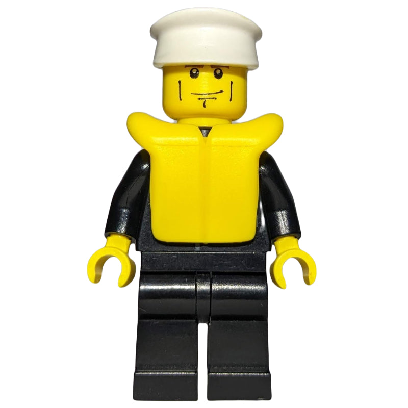fig-007795 – Policeman, Black Suit with Badge, White Hat, Yellow Life Vest, Cheek Lines and Brown Eyebrows