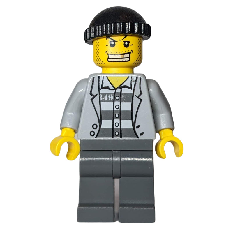 fig-007797 – Criminal, Open Light Bluish Gray Jacket over Prison Shirt, Black Hat, Gold Tooth