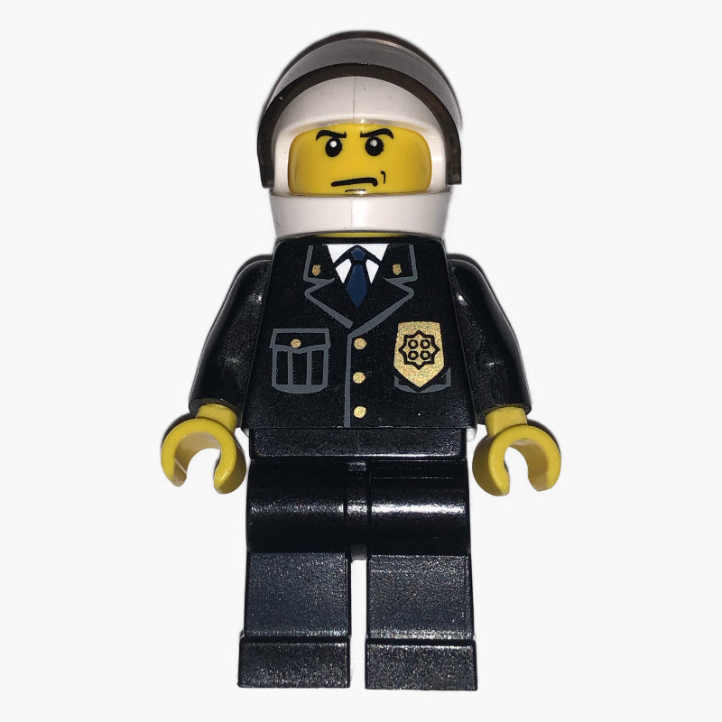 fig-007802 – Policeman, Black Suit with Badge, White Helmet with Visor